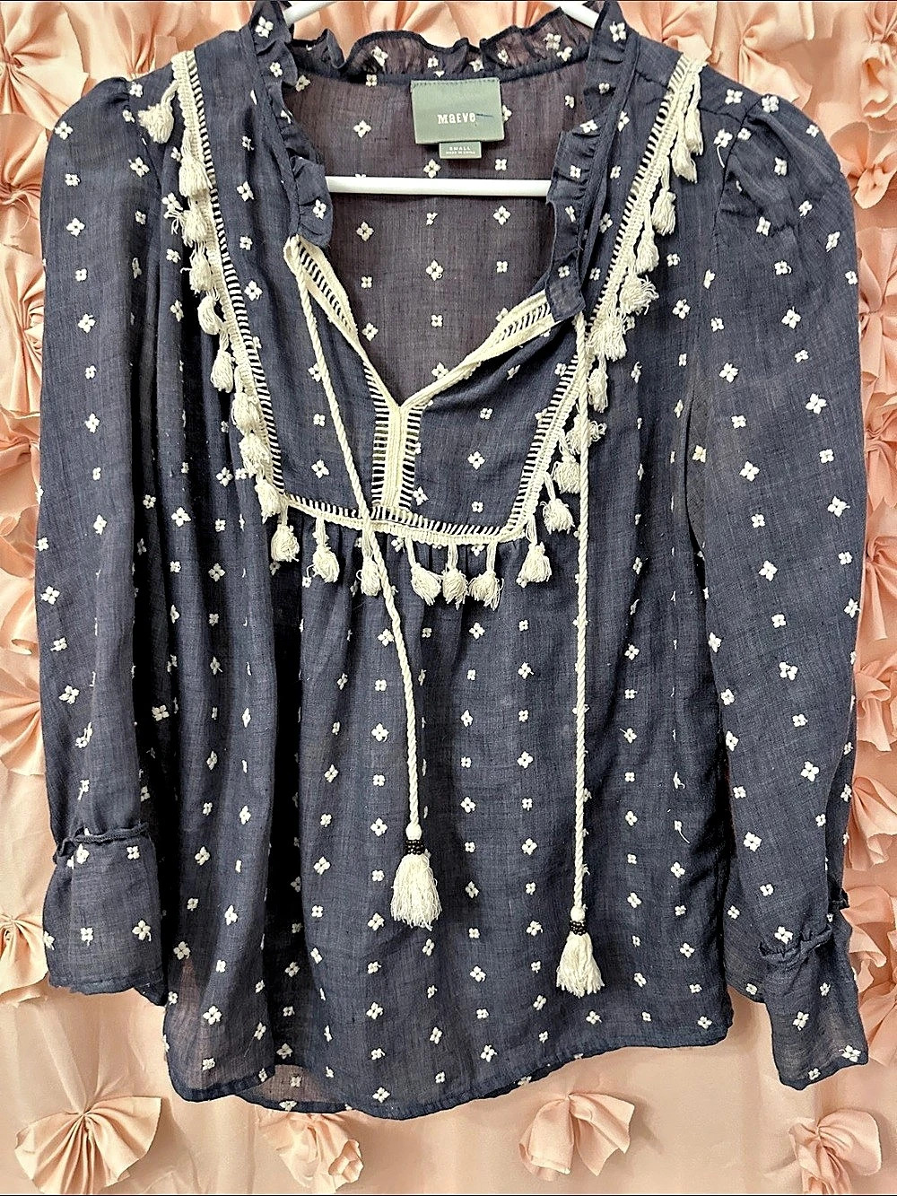 Maeve Floral Tassel Blouse Blue & White Small Like New